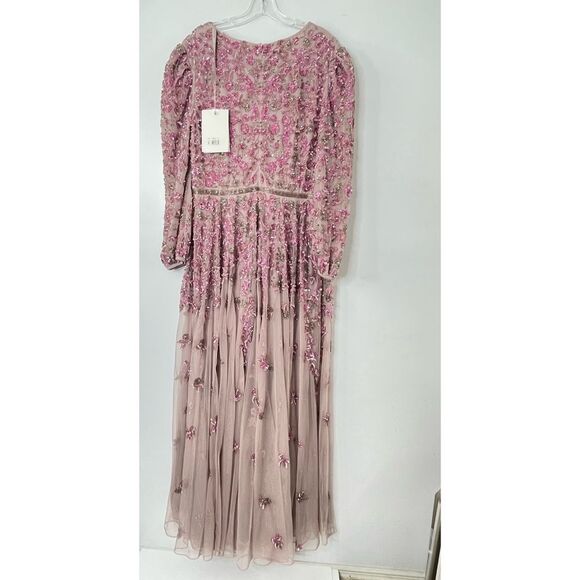 Mac Duggal 5497 Size 14, Floral Beadwork Rose Pink Mesh 3/4 Sleeve Formal Gown - Picture 4 of 13